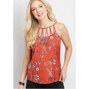 Maurices Medium Red Floral Strappy Neck Halter Tank Top Boho Sleeveless Blouse